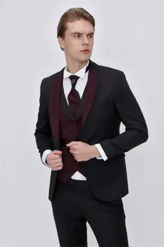 Morven Erkek Siyah Santos Çıkma Yaka Slim Fit Damatlık - 4