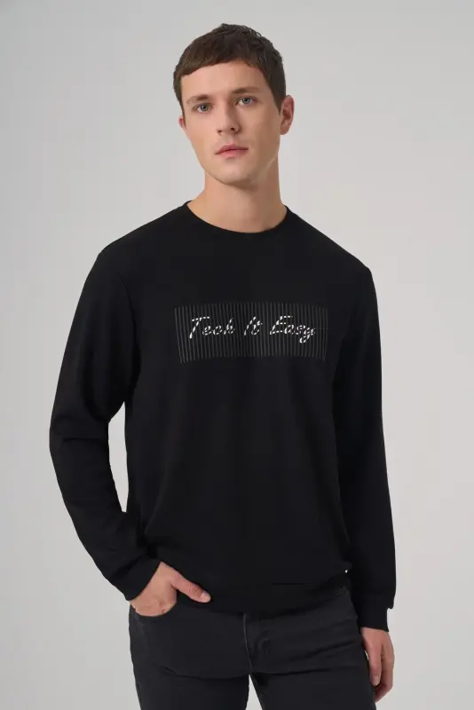 Morven Erkek Siyah Trend Baskılı Bisiklet Yaka Sweat-Shirt - 1