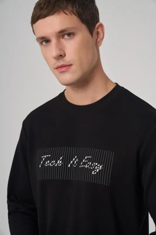 Morven Erkek Siyah Trend Baskılı Bisiklet Yaka Sweat-Shirt - 2