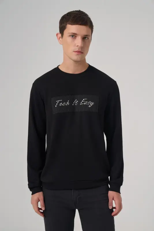 Morven Erkek Siyah Trend Baskılı Bisiklet Yaka Sweat-Shirt - 3