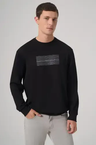 Morven Erkek Siyah Trend Baskılı Bisiklet Yaka Sweatshirt - MORVEN (1)