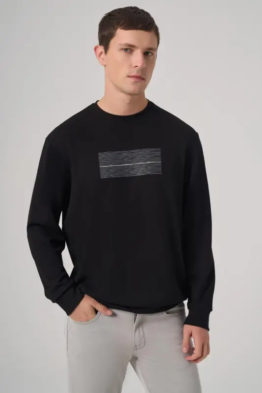 Morven Erkek Siyah Trend Baskılı Bisiklet Yaka Sweatshirt - MORVEN