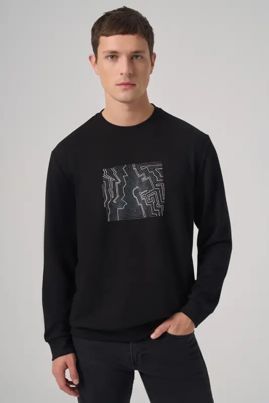Morven Erkek Siyah Trend Baskılı Bisiklet Yaka Sweatshirt - MORVEN