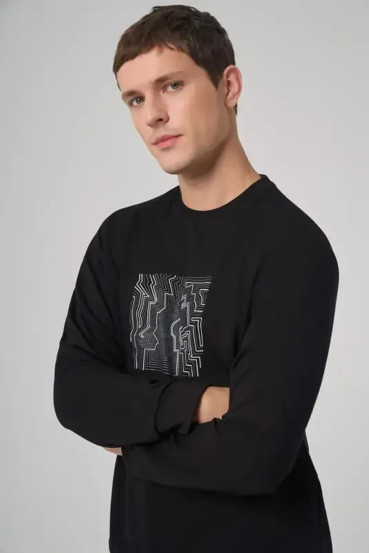 Morven Erkek Siyah Trend Baskılı Bisiklet Yaka Sweatshirt - 2