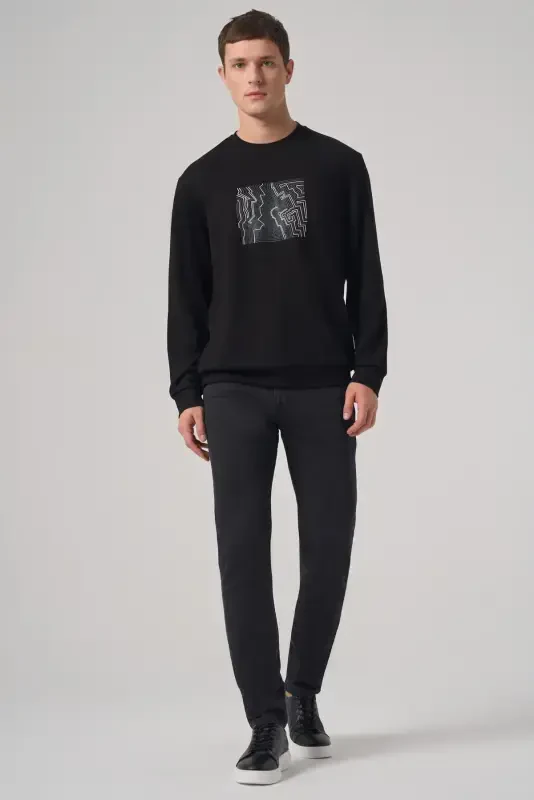 Morven Erkek Siyah Trend Baskılı Bisiklet Yaka Sweatshirt - 4