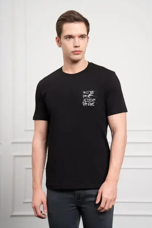 Morven Erkek Siyah Trend Bisiklet Yaka Dinamik Fit Pamuk T-Shirt - 1