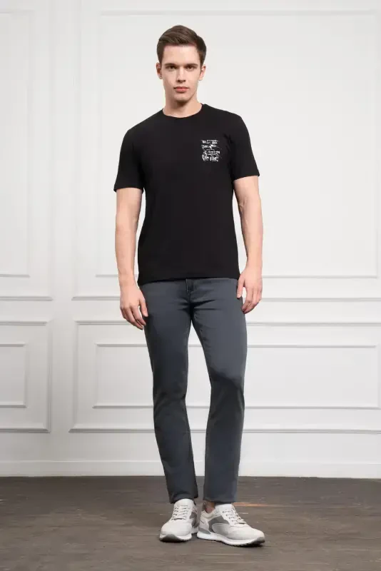 Morven Erkek Siyah Trend Bisiklet Yaka Dinamik Fit Pamuk T-Shirt - 2