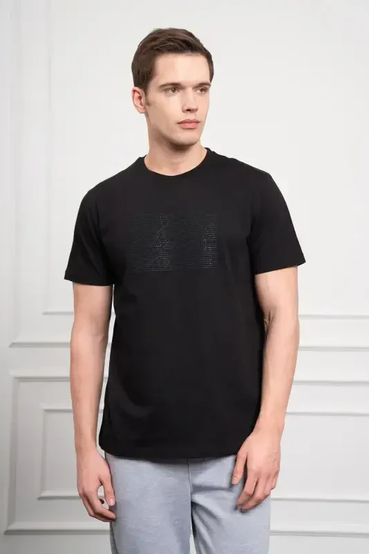 Morven Erkek Siyah Trend Bisiklet Yaka Dinamik Fit Pamuk T-Shirt - 1