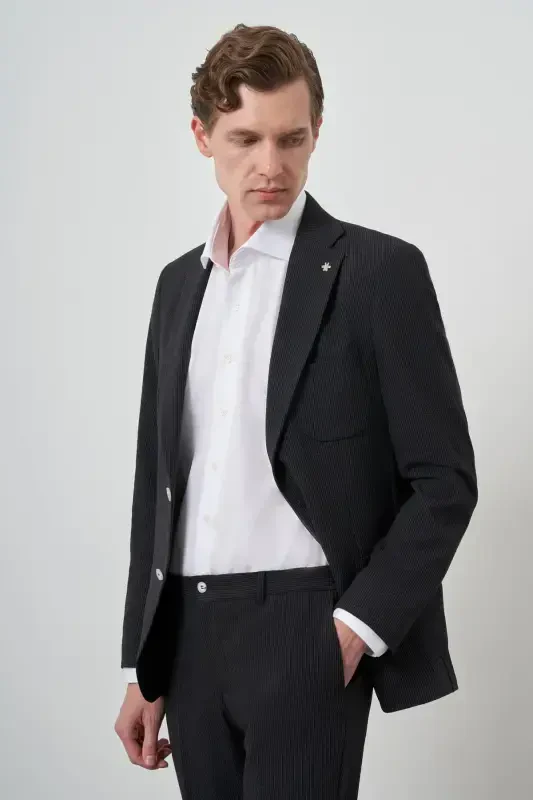 Modazone Erkek Siyah Trend Çizgili Slim Fit Mono Yaka Takım Elbise - 1