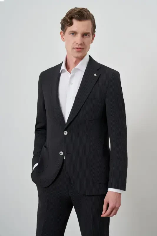 Modazone Erkek Siyah Trend Çizgili Slim Fit Mono Yaka Takım Elbise - 3
