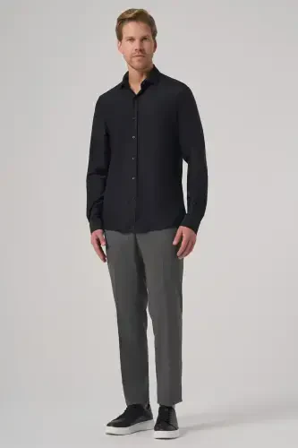 Morven Erkek Siyah Trend Düz Slim Fit Tam İtalyan Yaka Gömlek - 3