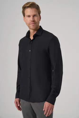 Morven Erkek Siyah Trend Düz Slim Fit Tam İtalyan Yaka Gömlek - 4