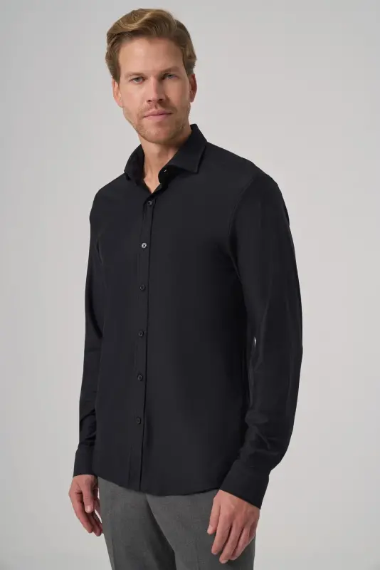 Morven Erkek Siyah Trend Düz Slim Fit Tam İtalyan Yaka Gömlek - 4