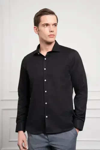 Morven Erkek Siyah Trend İtalyan Yaka Slim Fit Dar Kesim Gömlek - 3