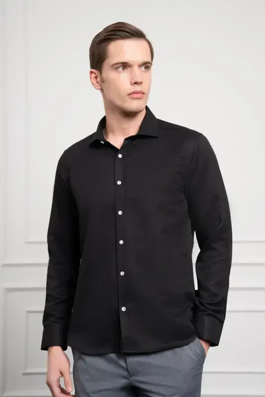 Morven Erkek Siyah Trend İtalyan Yaka Slim Fit Dar Kesim Gömlek - 3