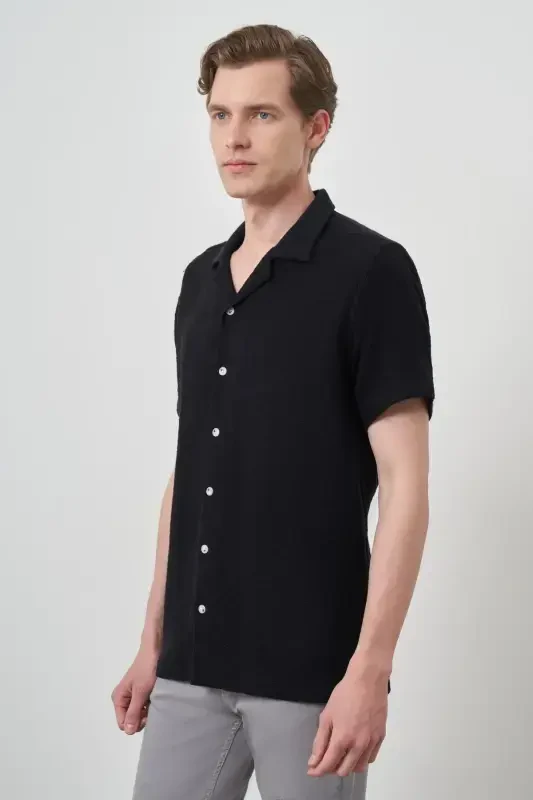 Morven Erkek Siyah Trend Keten Regular Fit Apaş Yaka Kısa Kol Gömlek - 4