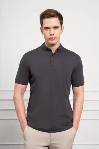 Morven Erkek Siyah Trend Merserize Düz Düğmeli Yaka Dynamic Fit T-Shirt 