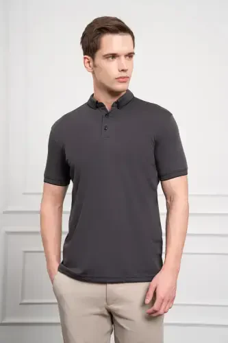 Morven Erkek Siyah Trend Merserize Düz Düğmeli Yaka Dynamic Fit T-Shirt - MORVEN (1)