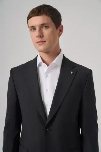 Morven Erkek Siyah Yün Trend Çizgili Dynamic Fit Mono Yaka Takım Elbise - 2