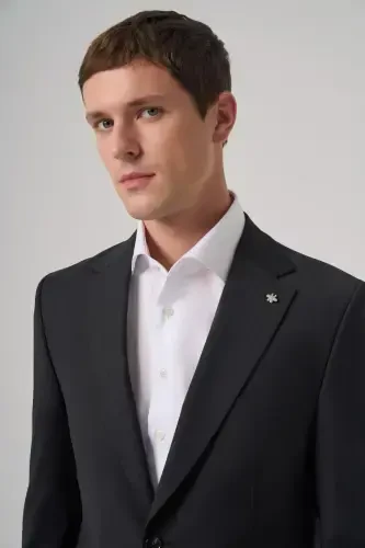 Morven Erkek Siyah Yün Trend Çizgili Dynamic Fit Mono Yaka Takım Elbise - 3