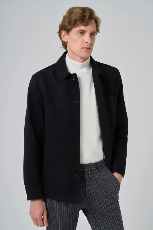 Morven Erkek Siyah Yünlü Berberi Yaka Gömlek Ceket - 3
