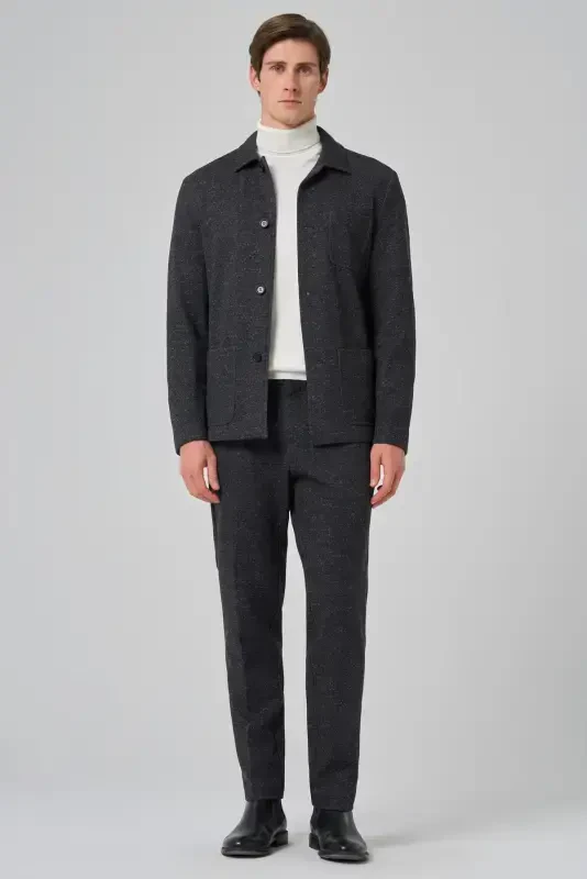 Morven Erkek Siyah Yünlü Berberi Yaka Torba Cepli Gömlek - 6