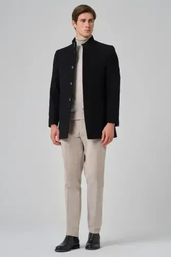 Morven Erkek Siyah Yünlü Düz Dynamic Fit Hakim Yaka Kaban - MORVEN (1)