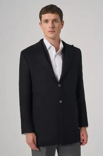 Morven Erkek Siyah Yünlü Düz Dynamic Fit Sivri Yaka Kaban - MORVEN (1)