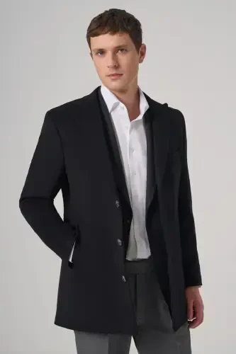 Morven Erkek Siyah Yünlü Düz Dynamic Fit Sivri Yaka Kaban - MORVEN (1)