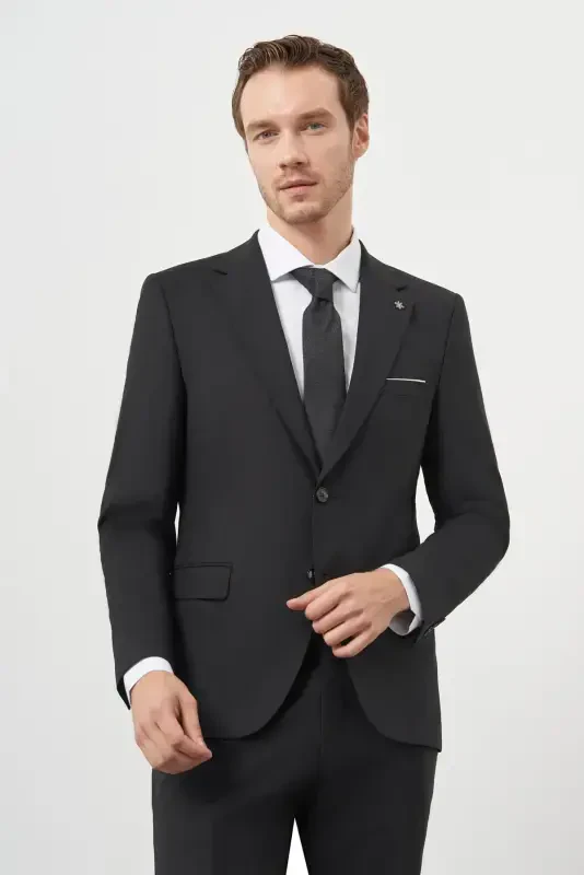 Morven Erkek Siyah Yünlü Slim Fit Mono Yaka Takım Elbise - 2