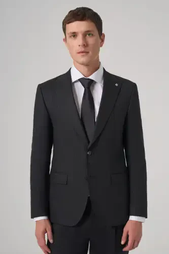 Morven Erkek Siyah Yünlü Trend Çizgili Slim Fit Sivri Yaka Takım Elbise - MORVEN (1)