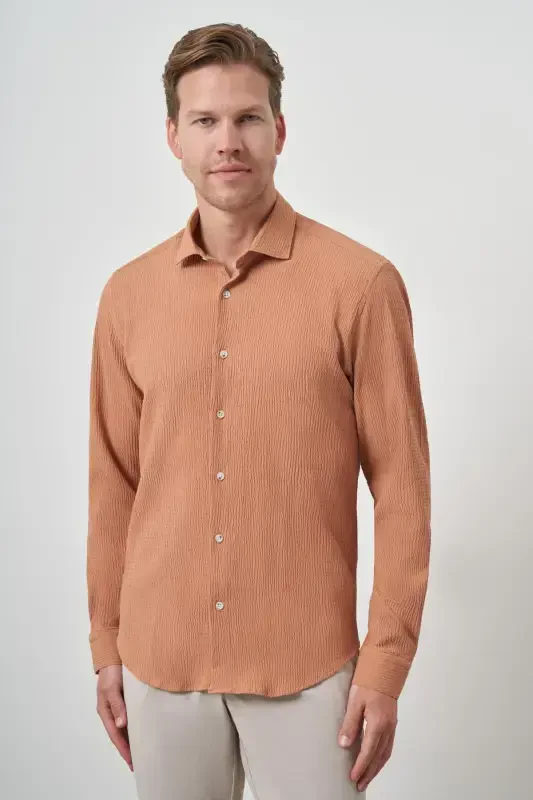 Modazone Erkek Tarçın Gofre Trend Desenli Dynamic Fit İtalyan Yaka Gömlek - MORVEN