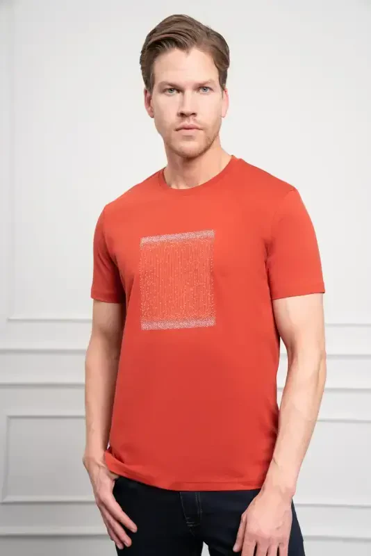 Morven Erkek Tarçın Trend Bisiklet Yaka Dinamik Fit Pamuk T-Shirt - 1