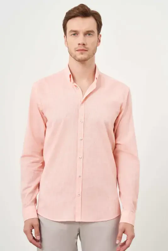 Morven Erkek Turuncu Keten Düz Desen Düğmeli Yaka Slim Fit Gömlek - 1