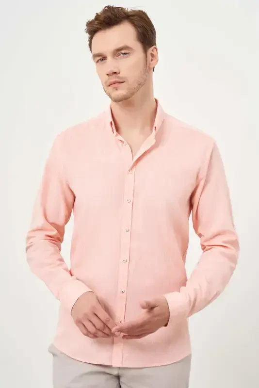 Morven Erkek Turuncu Keten Düz Desen Düğmeli Yaka Slim Fit Gömlek - 2