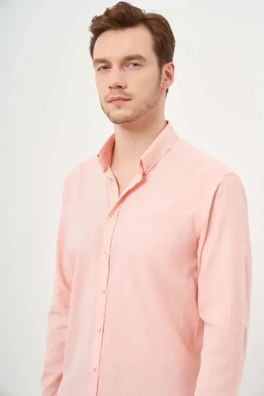Morven Erkek Turuncu Keten Düz Desen Düğmeli Yaka Slim Fit Gömlek - 3