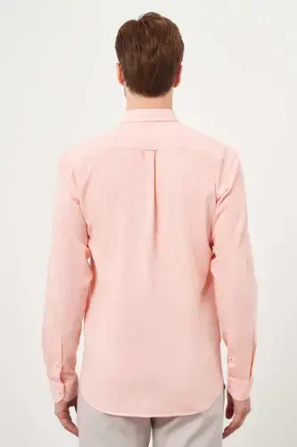 Morven Erkek Turuncu Keten Düz Desen Düğmeli Yaka Slim Fit Gömlek - 5