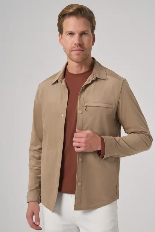 Morven Erkek Vizon Polyester Trend Düz Dynamic Fit Berberi Yaka Gömlek Ceket - 1