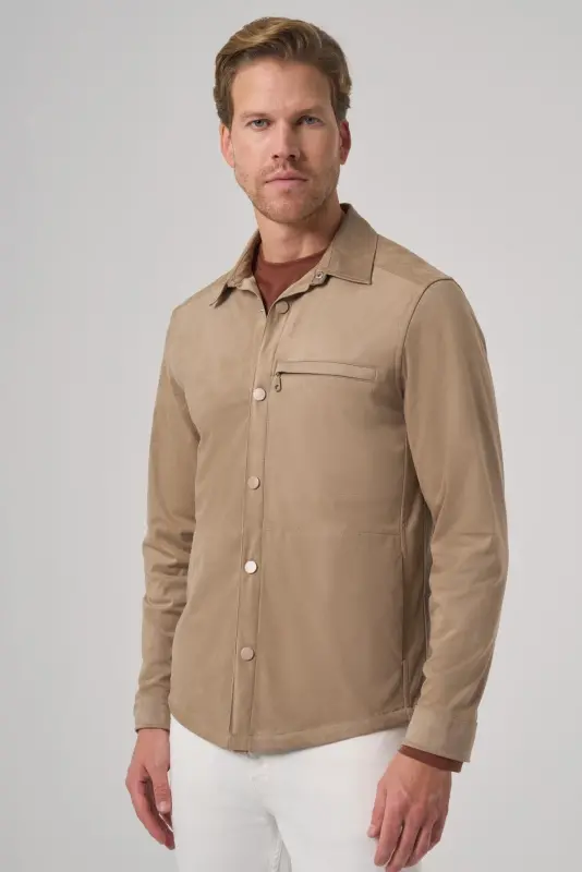 Morven Erkek Vizon Polyester Trend Düz Dynamic Fit Berberi Yaka Gömlek Ceket - 2