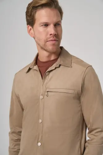 Morven Erkek Vizon Polyester Trend Düz Dynamic Fit Berberi Yaka Gömlek Ceket - 3