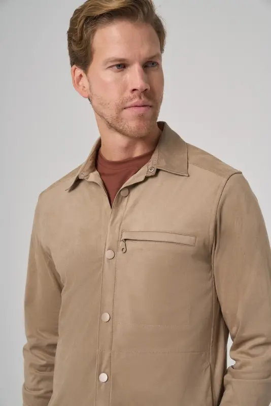 Morven Erkek Vizon Polyester Trend Düz Dynamic Fit Berberi Yaka Gömlek Ceket - 3