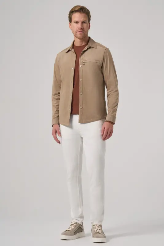 Morven Erkek Vizon Polyester Trend Düz Dynamic Fit Berberi Yaka Gömlek Ceket - 4