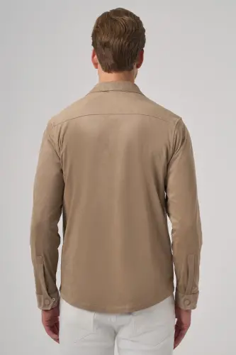 Morven Erkek Vizon Polyester Trend Düz Dynamic Fit Berberi Yaka Gömlek Ceket - 5
