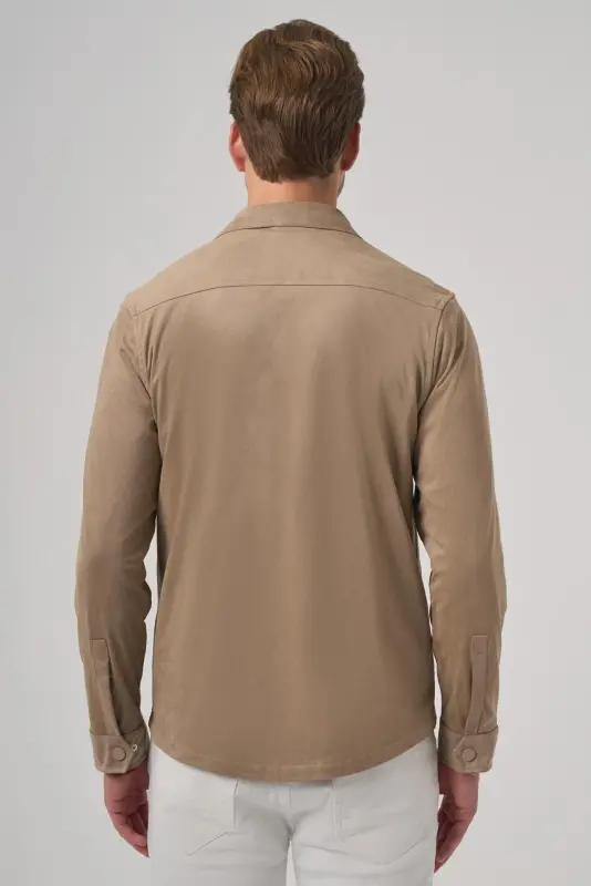 Morven Erkek Vizon Polyester Trend Düz Dynamic Fit Berberi Yaka Gömlek Ceket - 5