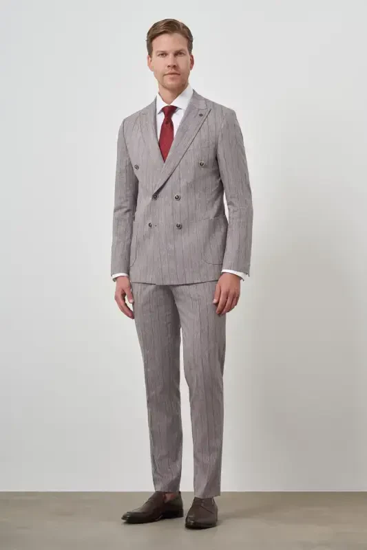 Morven Erkek Vizon Tend Keten Kruvaze Slim Fit Sivri Yaka Takım Elbise - 2