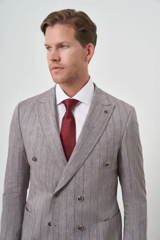 Morven Erkek Vizon Tend Keten Kruvaze Slim Fit Sivri Yaka Takım Elbise - 3