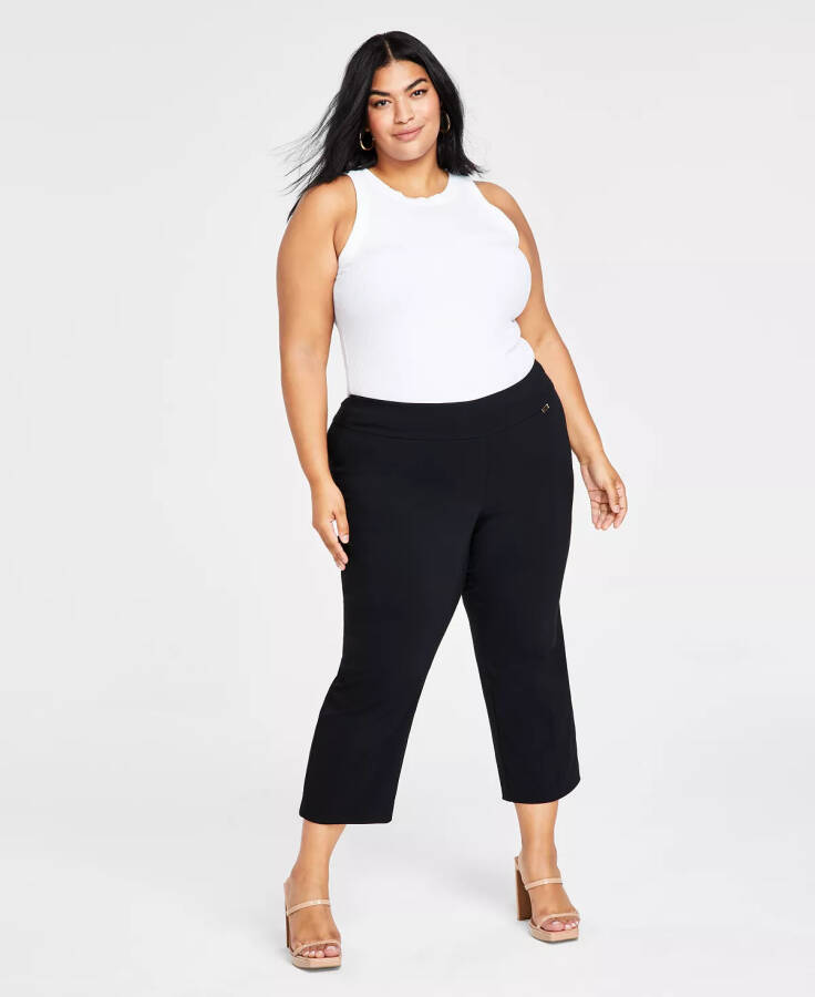 Modazone için Oluşturulan Plus Size Yüksek Belli Çekme Bağlantılı Capri Pantolon, Derin Siyah - 1