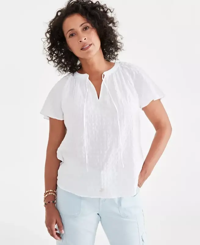 Women's Seersucker Split-Neck Flutter Sleeve Top, Created for Modazone - Bright White - STYLE & CO