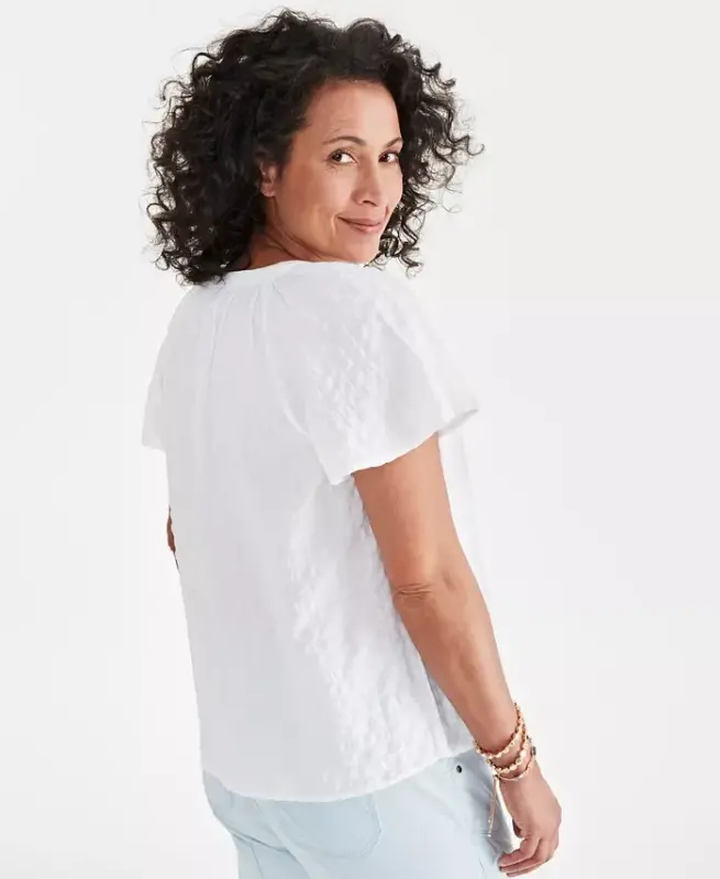 Women's Seersucker Split-Neck Flutter Sleeve Top, Created for Modazone - Bright White - 2