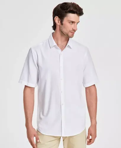 Men's Short-Sleeve Solid Textured Shirt, Created for Modazone-Bright White 